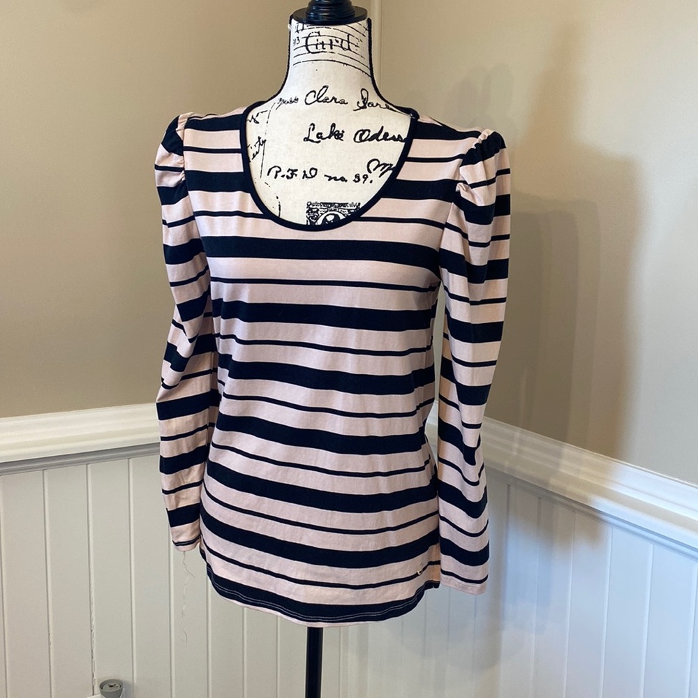Tan and black stripe puff sleeve long sleeve top
